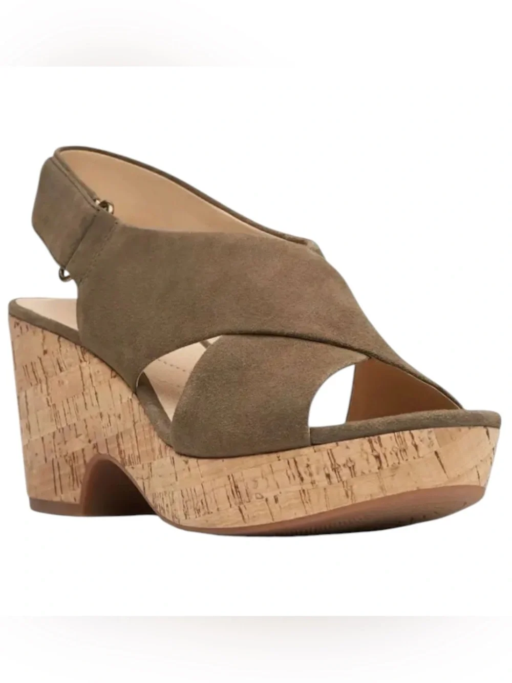 Clarks Artisan Caslynn Shae Cork Wedge Sandals Brown Tan Leather 3” Slingback 7M